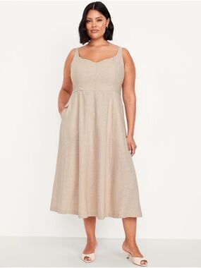 Old Navy Dress Womens XL Midi Flax Linen Blend Notch Neck Smocked Pockets New